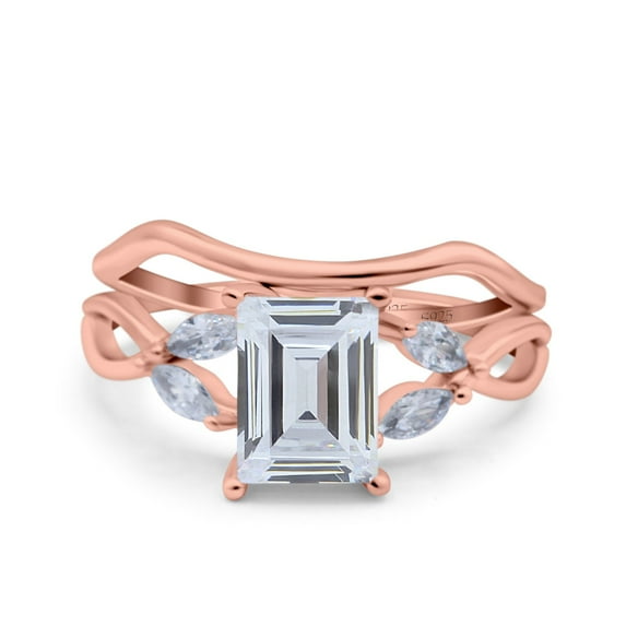 Rose Tone, Simulated Cubic Zirconia Size-7 Two Piece Art Deco Emerald Cut Wedding Engagement Ring Marquise 925 Sterling Silver