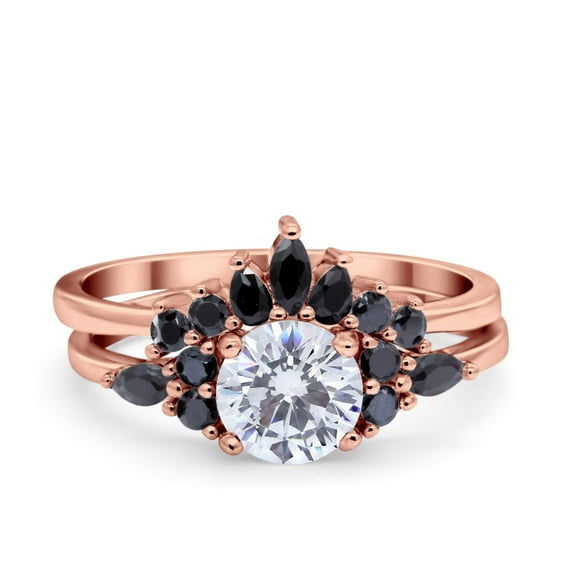Rose Tone, Simulated Cubic Zirconia Size-7 Two Piece Bridal Set Art Deco Wedding Engagement Vintage Black Marquise CZ 925 Sterling Silver