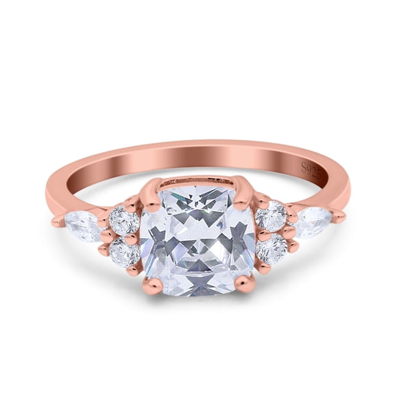 Rose Tone, Simulated Cubic Zirconia Size-8 Cushion Cut Marquise Art Deco Engagement Wedding Bridal Ring 925 Sterling Silver