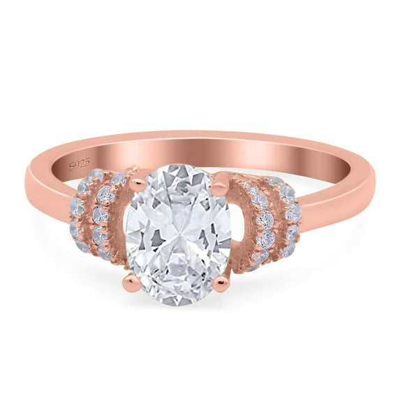 Rose Tone, Simulated Cubic Zirconia Size-8 Oval Art Deco Wedding Engagement Bridal Ring Round CZ 925 Sterling Silver