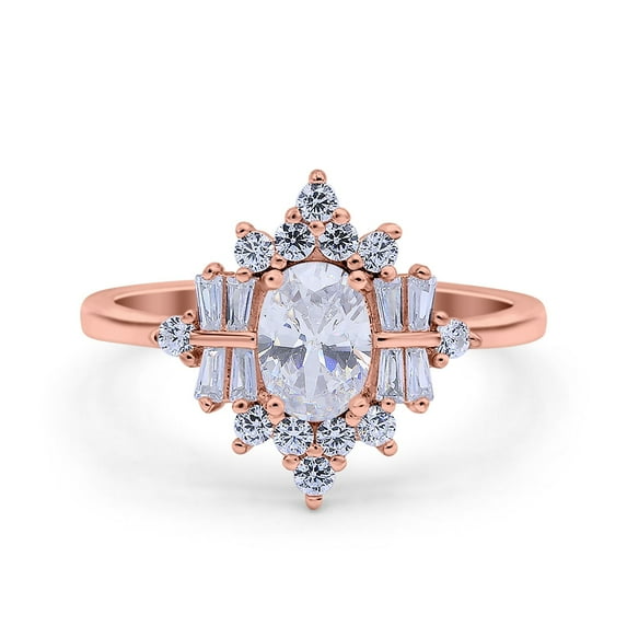 Rose Tone, Simulated Cubic Zirconia Size-8 Oval Cut Halo Baguette Vintage Art Deco Wedding Engagement Ring 925 Sterling Silver