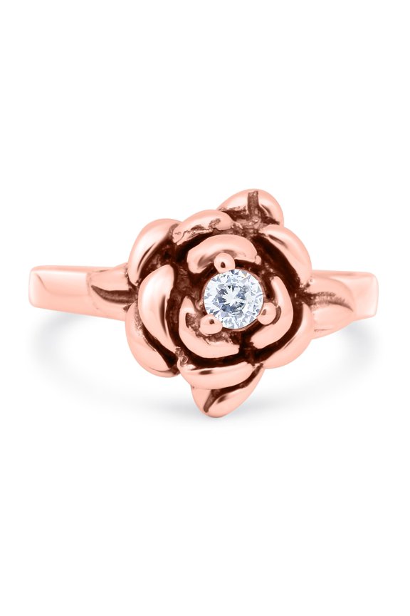 Rose Tone, Simulated Cubic Zirconia Size-8 Rose Flower Ring Round Shape 925 Sterling Silver