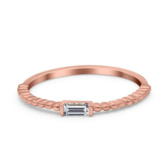 Rose Tone, Simulated Cubic Zirconia Size-8 Simple Baguette Shape Wedding Ring 925 Sterling Silver