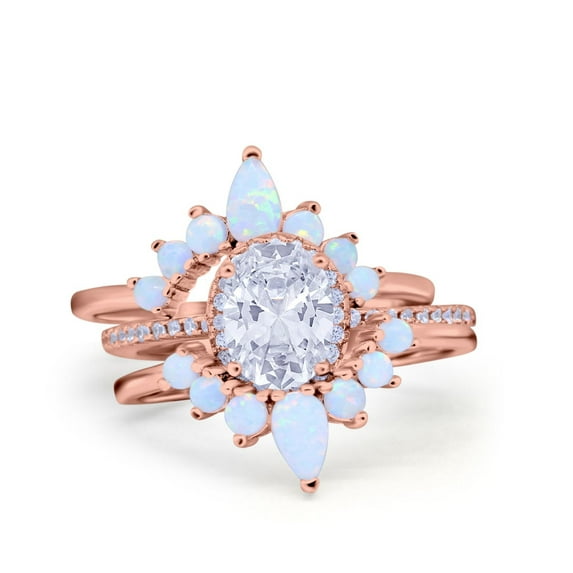 Rose Tone, Simulated Cubic Zirconia Size-8 Three Piece Set Oval Halo Lab Created White Opal Teardrop Art Deco Wedding Ring Vintage Band 925 Sterling Silver