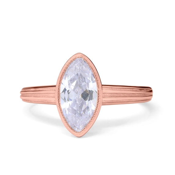 Rose Tone, Simulated Cubic Zirconia Size-9 Art Deco Solitaire Marquise Engagement Ring Bezel 925 Sterling Silver