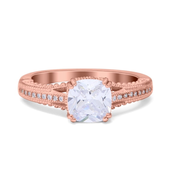 Rose Tone, Simulated Cubic Zirconia Size-9 Cushion Cut Art Deco Engagement Ring 925 Sterling Silver