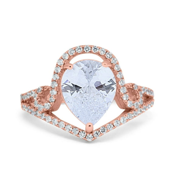 Rose Tone, Simulated Cubic Zirconia Size-9 Halo Pear Shape Wedding Engagement Ring 925 Sterling Silver