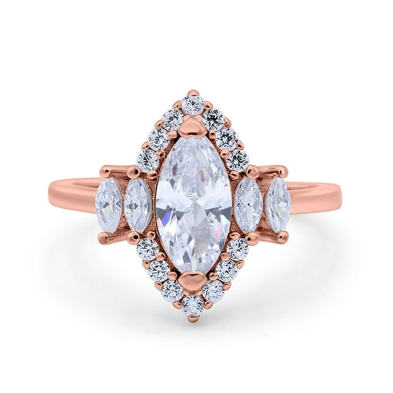 Rose Tone, Simulated Cubic Zirconia Size-9 Marquise Cut Halo Vintage Art Deco Wedding Engagement Bridal Ring 925 Sterling Silver