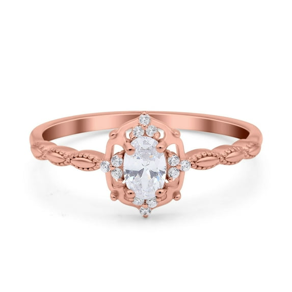 Rose Tone, Simulated Cubic Zirconia Size-9 Oval Cut Petite Dainty Marquise Vintage Art Deco Floral Wedding Engagement Ring 925 Sterling Silver