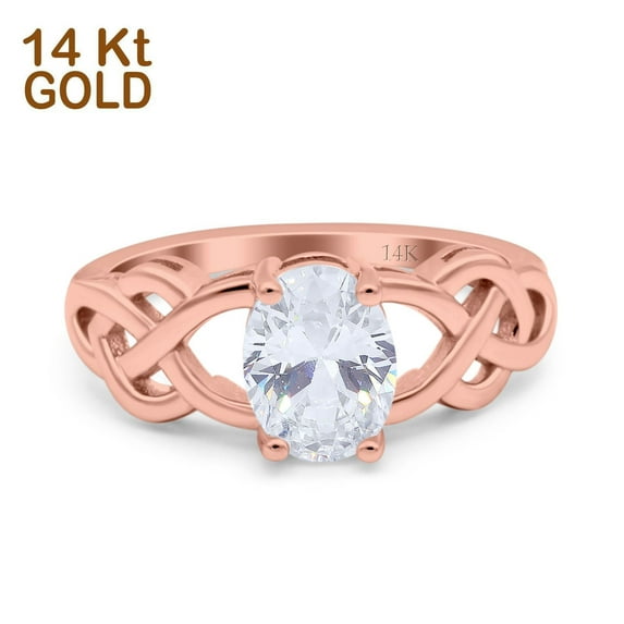 Rose Tone, Simulated Cubic Zirconia Size-9 Oval Solitaire Celtic Wedding Engagement Ring Vintage 925 Sterling Silver
