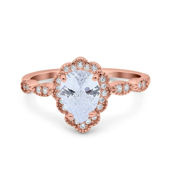 Rose Tone, Simulated Cubic Zirconia Size-9 Teardrop Pear Art Deco Wedding Bridal Engagement Ring 925 Sterling Silver