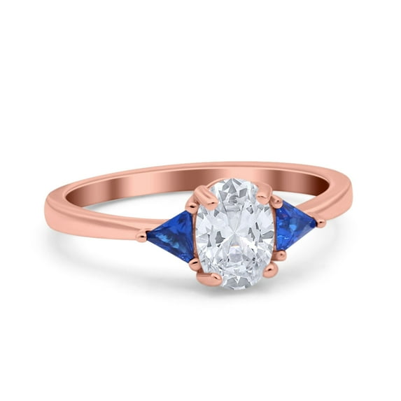 Rose Tone, Simulated Cubic Zirconia Size-9 Vintage Art Deco Oval Wedding Engagement Bridal Ring Triangle Blue Sapphire CZ 925 Sterling Silver