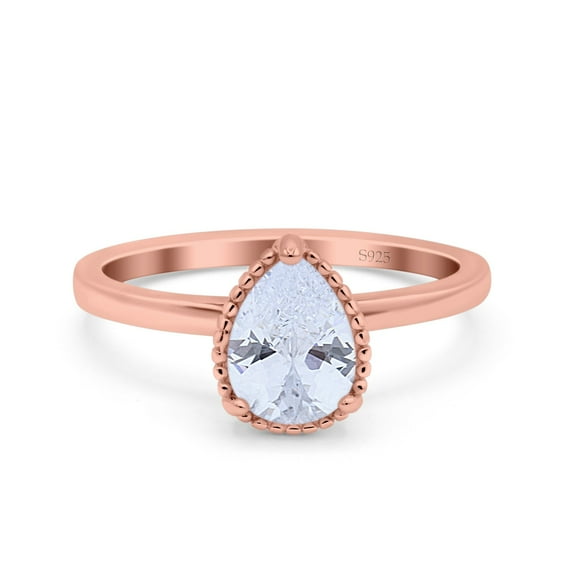 Rose Tone, Simulated Cubic Zirconia Size-9 Vintage Style Art Deco Solitaire Accent Pear Wedding Engagement Ring 925 Sterling Silver