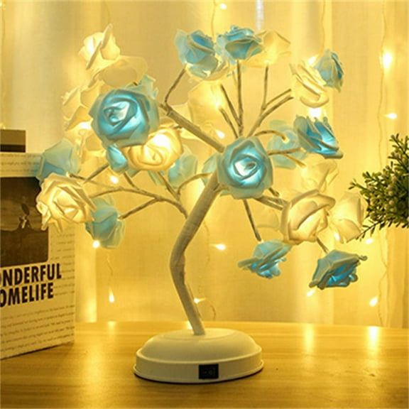 Rose Tree Lamp, Zzbeans Romantic Pink LED Table Light, Adjustable Branch USB Powered 3D Rose Bouquet Decor for Home Wedding Party Gift, Light Blue
