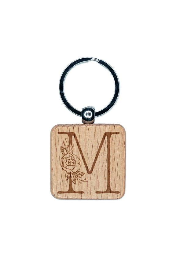 Rose Typewriter Font Capital Letter M Square Keychain Charm Tag - Engraved Wood