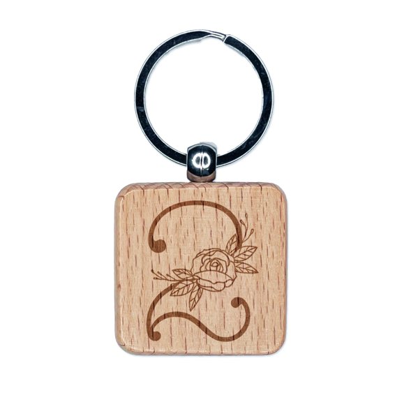 Rose Typewriter Font Number 2 Two Square Keychain Charm Tag - Engraved Wood