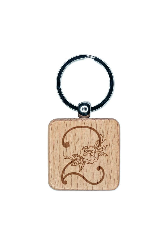 Rose Typewriter Font Number 2 Two Square Keychain Charm Tag - Engraved Wood