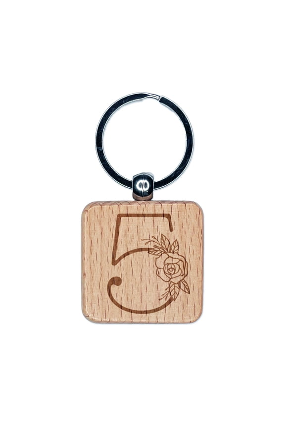 Rose Typewriter Font Number 5 Five Square Keychain Charm Tag - Engraved Wood