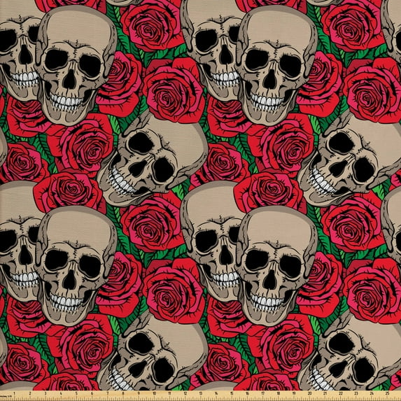 Ambesonne Rose Fabric by the Yard Upholstery, Skulls Red Blossoms Retro, 3 Yards, Vermilion Tan Green