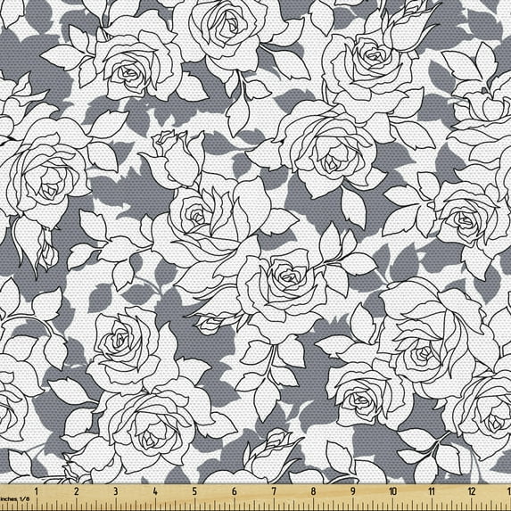 Rose Upholstery Fabric by the Yard, Neutral Tones Romantic Garden with Outline Burgeoning Flowers, Decorative Fabric for DIY and Home Accents, Purpleblue White by Ambesonne