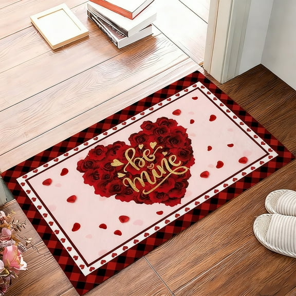 Rose Valentine's Day Rug 23.6x15.7 Inch - Heart-Shaped Non-Slip Door Mat, Romantic Welcome Decor, Durable Absorbent for Entrance Bathroom Home