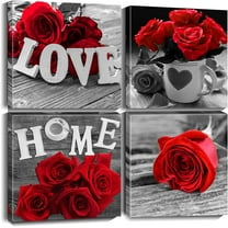 Rose Wall Art Painting Black and White Floral Canvas Print Home Sign Picture for Bedroom Kitchen Living Room Farmhouse Decor (12"x12"x4pcs, Red)