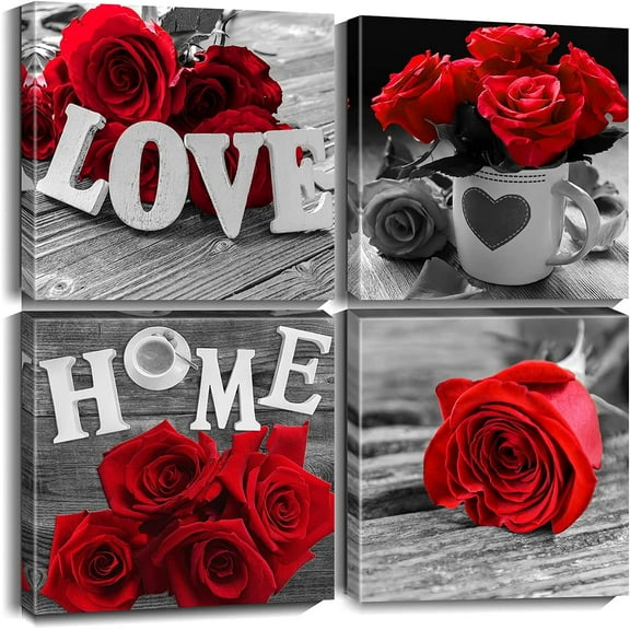Rose Wall Art Painting Black and White Floral Canvas Print Home Sign Picture for Bedroom Kitchen Living Room Farmhouse Decor (12"x12"x4pcs, Red)