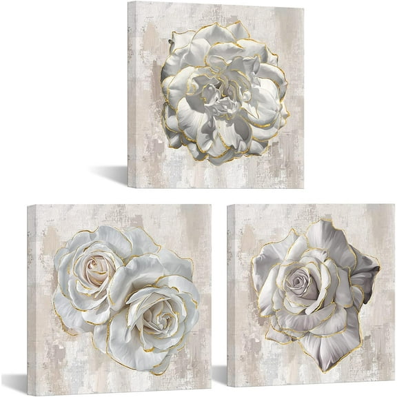 Rose Wall Art White Flower Wall Canvas Blossom Floral Painting Elegant Plant Picture for Bathroom Decor