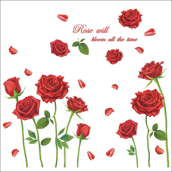 Rose Wall Decal Red Flower Wall Stickers Romantic Floral Removable Vinyl Wall Murals for Living Room Girls Bedroom TV Sofa Background Wall Art Decors