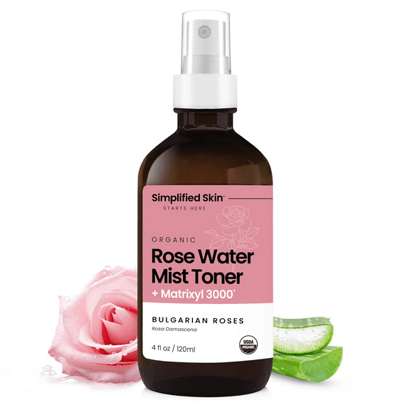 Rose Water Face Spray with Matrixyl 3000, Organic Rosewater Mist with Aloe Vera and Hyaluronic Acid, Hydrating and Soothing, 4 fl oz