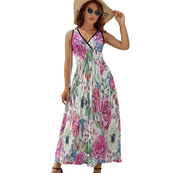 Rose Wild Fruit Flower Oil Painting Dress Summer Street Style Bohemia Long Dresses Female Sleeveless Printed Maxi Dress