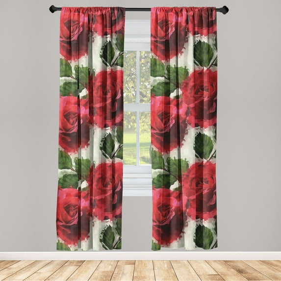Rose Window Curtains, Romantic Blurry Style Effect of English Garden Petals Valentines Themed, Lightweight Decor 2-Panel Set with Rod Pocket, Pair of - 28"x84", Dark Pink Emerald Dust, by Ambesonne