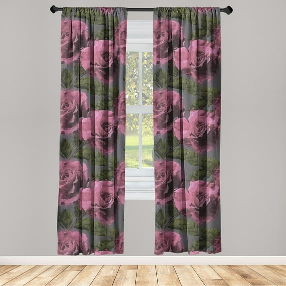 Rose Window Curtains, Romantic Themed Pattern of Watercolor Splash Style Flowers Print, Lightweight Decor 2-Panel Set with Rod Pocket, Pair of - 28"x63", Eggplant Evergreen and Pink, by Ambesonne
