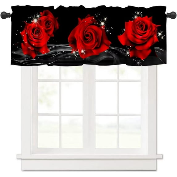 Rose Windows Valances Curtain,Red Romantic Flower Kitchen Valances Short Topper Rod Pocket Window Curtains for Living Room Bedroom Bathroom,1 Panel, 54" W x 18" L