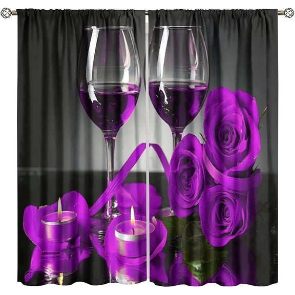 Rose Wine Blackout Curtains, Purple Floral Valentine Blossom Romantic Lover Art Printed Window Drapes, for Living Room Bedroom Kitchen 72" W X 63" L