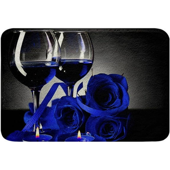 Rose Wine Glass Bathroom Rugs, Royal Blue Rose Bath Mats, Botanical Floral Entryway Rug, 3D Flower Romantic Valentine's Day Doormats Floor Mats, Grey Black Non Slip Bath Rug 16"X 24"