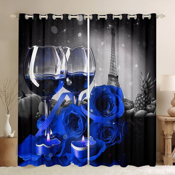 Rose Wine Glass Curtains for Bedroom, Eiffel Tower Blackout Curtains 52"X63", Blue Black Rose Floral Window Curtains Drapes, Banquet Flower Blossom Romantic Valentine's Day Window Treatments, Grey