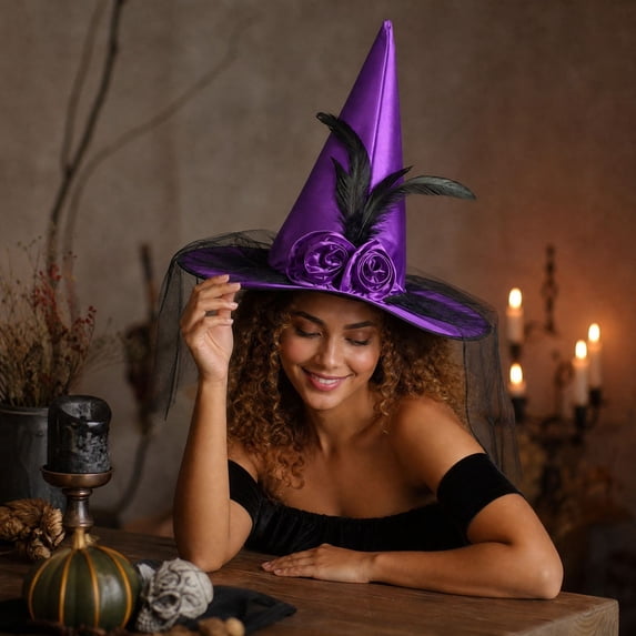 Rose Witch Hat for Women, Halloween Mesh Witch Hat with Roses, Foldable Costume Accessory for Masquerade, Carnival, Cosplay, Party Dress Up and Holiday Decoration