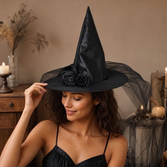 Rose Witch Hat for Women, Halloween Mesh Witch Hat with Roses, Foldable Costume Accessory for Masquerade, Carnival, Cosplay, Party Dress Up and Holiday Decoration