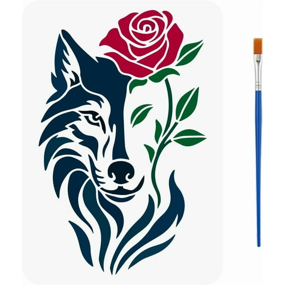 Rose Wolf Stencils with a Brush 11.7x8.3Inch Wolf Face Painting Stencils Reusable PET Flower Wolves Template Animal Theme Decoration Template