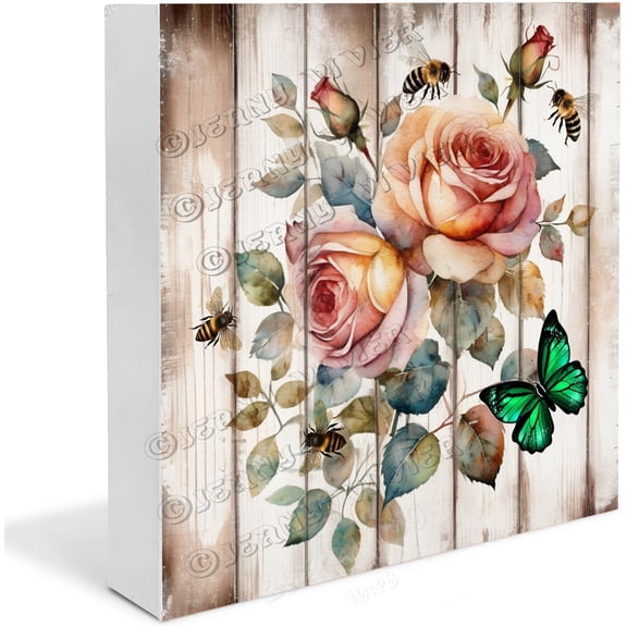 Rose Wood Box Sign for Home Decor, Spring Flower Art Blocks, Rustic Farmhouse Wood Box Sign, Tabletop Shelf Home Decor, Gift for Women Men 7"x7"