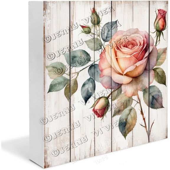 Rose Wooden Box Sign Rose Gifts Funny Rose Decorations for Birthday Rustic Dining Room Table Decor Shelf Decor Accents Wood Block Signs For Shelf Desk Decoration 5x5 In