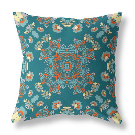 Rose Wreath Indoor/Outdoor Pillow with Removable Cover in Green Red 18x18