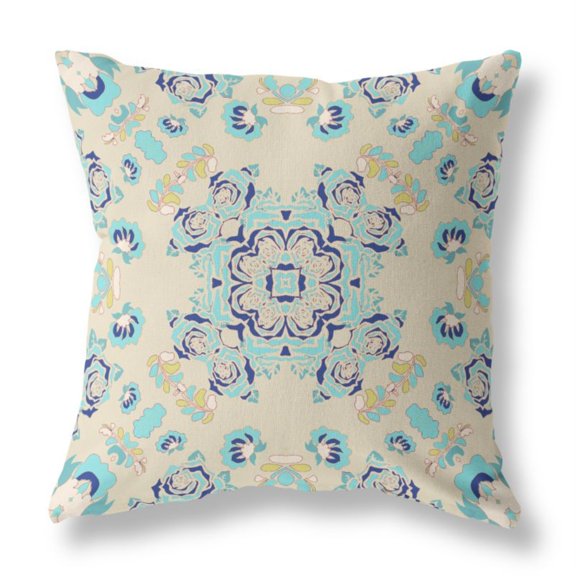 Rose Wreath Indoor/Outdoor Pillow with Removable Cover in Off-White Blue 18x18