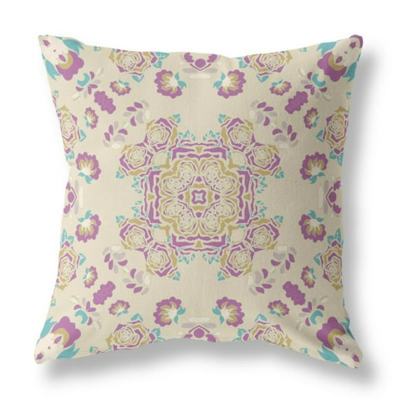 Rose Wreath Indoor/Outdoor Fabric Pillow with Zip in Off White Purple 16x16