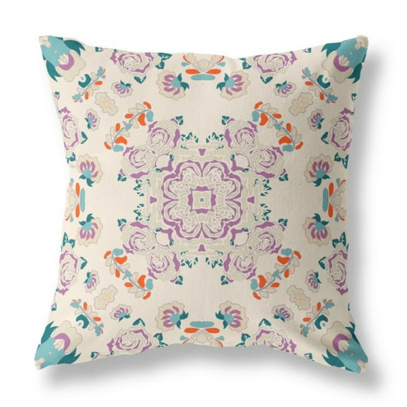 Rose Wreath Indoor/Outdoor Fabric Pillow with Zip in Off White Purple 18x18