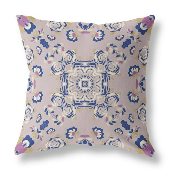 Rose Wreath Indoor/Outdoor Fabric Pillow with Zip in Purple Blue 20x20