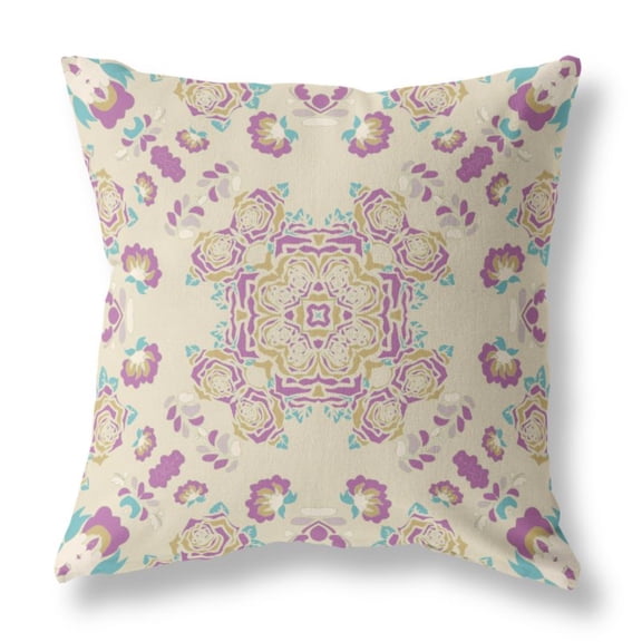 Rose Wreath Indoor/Outdoor Pillow with Removable Cover in Off-White Purple 18x18