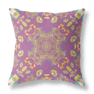 Rose Wreath Indoor/Outdoor Pillow with Removable Cover in Purple Yellow 16x16