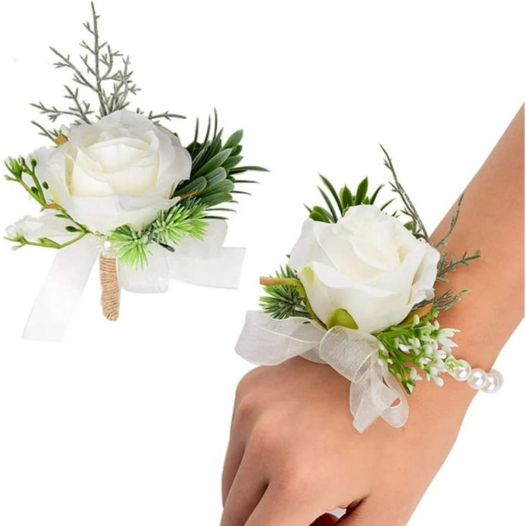 Ivory Rose Wrist Corsage Wrist Strap Bracelet And Men's Boutonniere Set  White Wedding Flower Accessories Prom Decoration